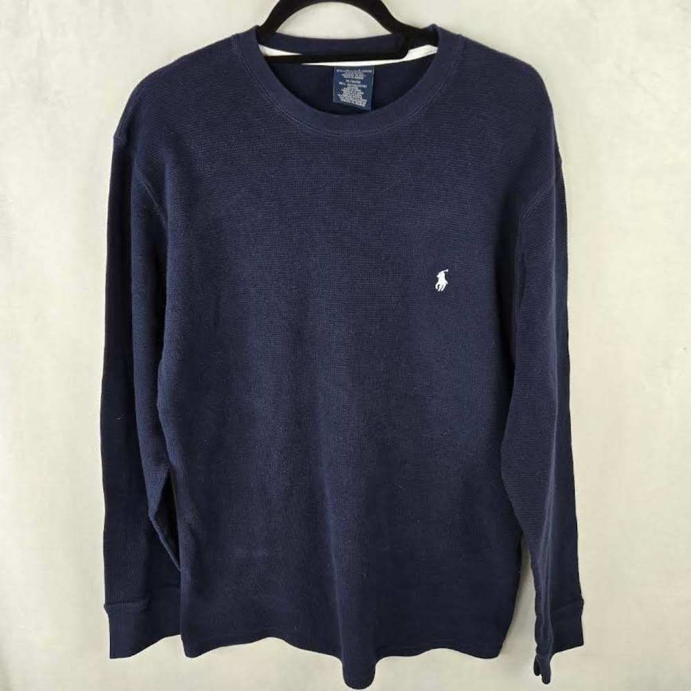 Polo Ralph Lauren Mens XL Navy Blue Waffle Knit Sleepwear Long Sleeve Shirt Logo